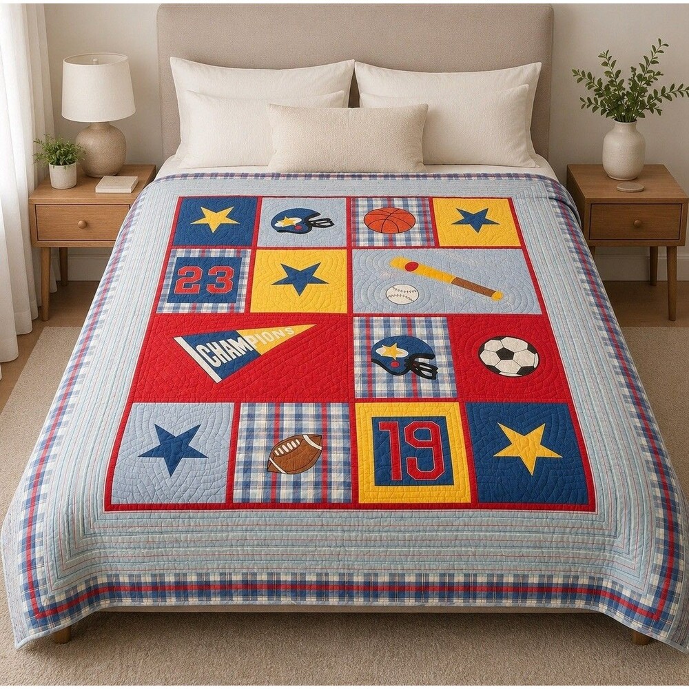Sports Full Patchwork Quilt Plaid Football Baseball Soccer Basketball 86x78 VTG